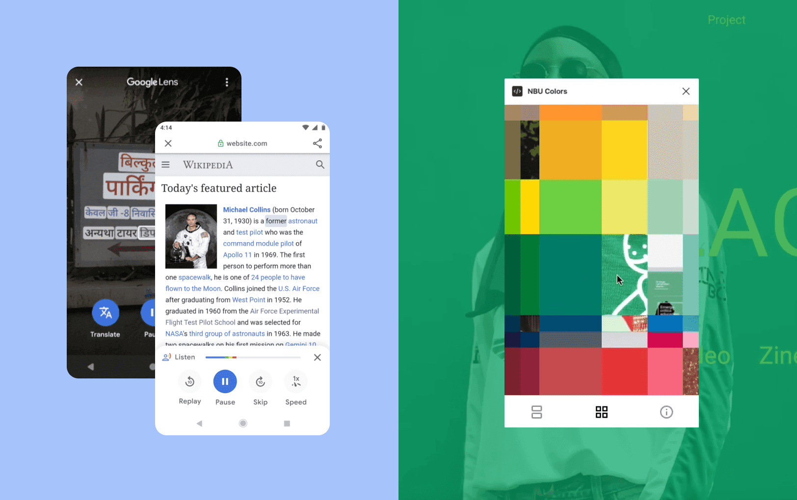 App designs for Google Lens and Google Go, and a Figma plugin for browsing color palettes